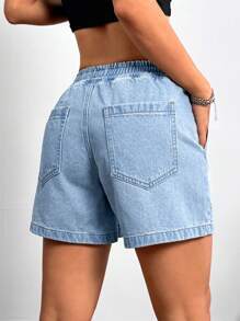 SHEIN PETITE 女士松紧腰身牛仔短裤，蓝色 - 淺色水洗藍 - 查看 2