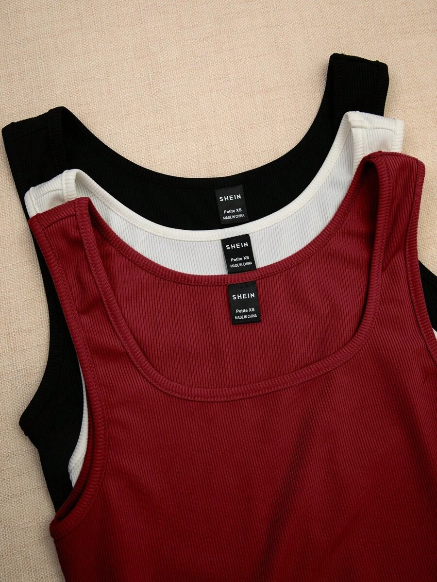 SHEIN PETITE Áo ba lỗ màu trơn cổ vuông thể thao mùa hè cho nữ, áo thun họa tiết thường ngày - Nhiều màu - Xem 1