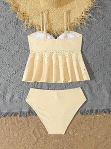 SHEIN Tween Girls Tankinis Sets, Solid Color Hollow Out Ruffle Trim Bikini Swimwear - Yellow - View 2