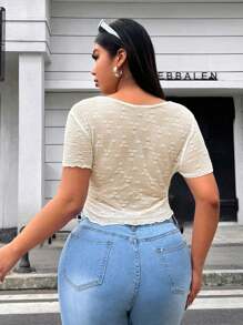 Flirla Kurzarm T-Shirt in Große Größen mit strukturierter Strick-Vorderseite und Knoten - Beige - Übersicht 2