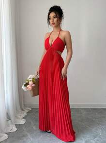 Rafferiza Elegant French Style Red Woven Backless Criss-Cross Halter Dress For Women, New Summer Design
