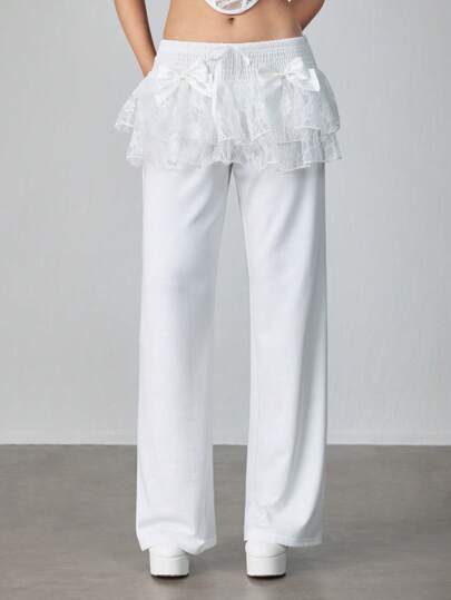 Kawaii Pantalon long 2-en-1 en patchwork de dentelle Y2K, design mode minimaliste convenant pour l'été