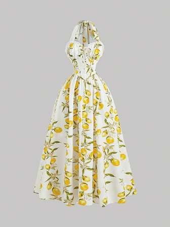 SHEIN MOD Robe midi élégante à col montant sans manches avec taille plissée et imprimé pour femmes