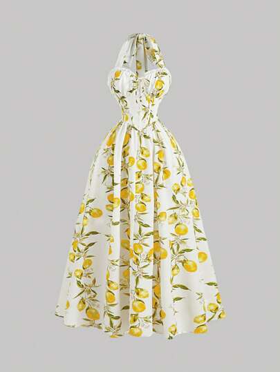 SHEIN MOD Women's Sleeveless Pleated Waist Elegant Midi Halter Dress With Print,TSummer Dresses ,Tea Party Dress, Summer Dresses ,Sun Dresses ,Floral Dress Women,Prom Dress,Vacation Outfits Woman ,Beach Dress, Elegant Dresses For Party, Casual Dresses For Women, Floral Dress For Women