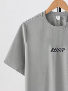 SHEIN 2 件套青少年男童休闲字母印花圆领套头衫套装，适合夏季、运动、跑步、户外 - 灰色 - 查看 4