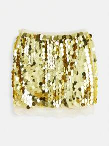 SHEIN Váy mini sequin sang trọng màu trơn cho nữ, thời trang - Vàng - Xem 2