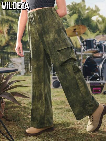 SHEIN Pantalones verde militar vintage gastados y cómodos de Nueva Colección Primavera/Verano 2025 para niñas preadolescentes, aptos para uso diario, juegos al aire libre y vacaciones familiares