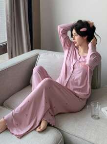 DAZY 2 pièces Ensemble de pyjama rose à manches longues avec fleurs ditsy pour femmes, printemps
