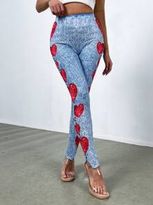 Zolique Women Heart Print Slim Fit Leggings Fall Cloth For Women - Blue - View 4