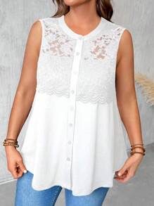 SHEIN LUNE 大码女式圆领撞色蕾丝纽扣优雅背心 - 白色 - 查看 5