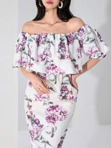 Heiryn Women's Floral Print Off Shoulder Long Dress With Ruffle Hem