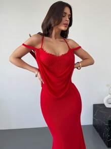 Firerie Women's Elegant & Sexy Delicate Romantic Vacation Outfits Woman Party Plunging Neckline Lace Backless Ight-Fitting Red Spaghetti Strap Dress