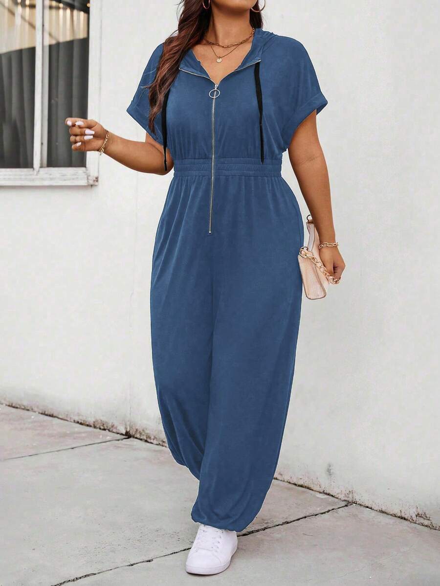 Calvaya 大码 V 领短袖纹理面料前拉链收腰连帽连身裤适合休闲穿着 - 藍色 - 查看 1