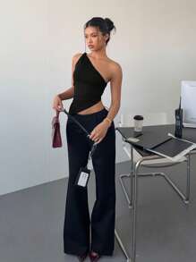 Siren Gaze Valentine's Day Burgundy Red Twist One Shoulder Top Elegant Slim Top For Women,Rave Top Black Summer Casual - Black - View 3