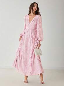 Enchnt 女士优雅深 V 领灯笼袖荷叶边下摆提花连衣裙 - 粉色 - 查看 8