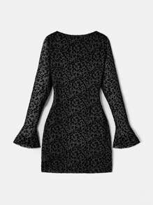 SHEIN 女款豹纹喇叭袖迷你连衣裙 AIIRZ - 黑色 - 查看 1