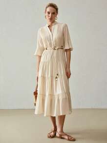 MOTF PREMIUM NOTCH NECK FLARE SLEEVE TIERED HEM DRESS,SUMMER OUTFITS - Apricot - View 5