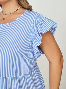 SHEIN CURVE+ Plus Striped Print Ruffle Trim Smock Summer Dress Boho Vacation - Blue and White - View 5