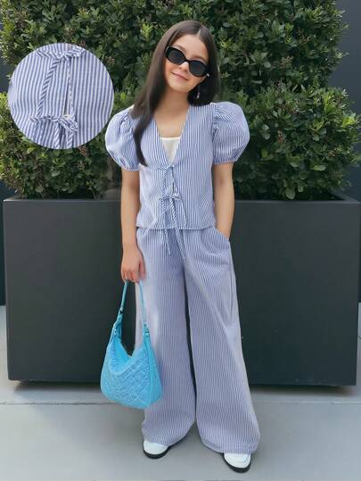 SHEIN Nova Glow Tween 女童休闲蝴蝶结前泡泡袖衬衫和条纹阔腿裤两件套服装，适合春夏季、春季郊游、乡村风格、休闲户外、返校