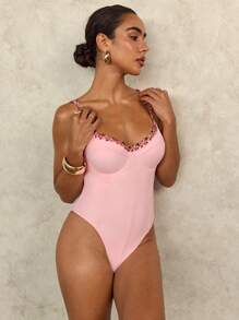 SHEIN Swim 女士甜美浪漫玫瑰花边聚拢连体泳衣