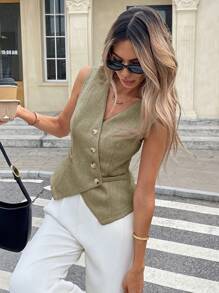 Serisse 女士纯色单排扣无袖休闲衬衫 - 綠色 - 查看 5