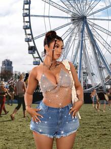 SHEIN ICON Luxury Rhinestone Embellished Plus Size Denim Ultra Shorts - Medium Wash - View 5