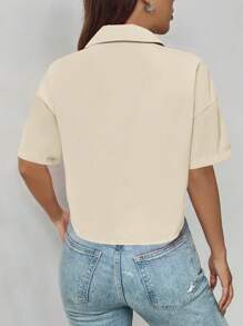 Chiquease Áo sơ mi ngắn rộng rãi đơn hàng khuy đơn màu đơn giản dành cho nữ - Màu be - Xem 2