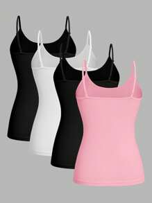 SHEIN EZwear 4 件套黑色、白色、粉色休闲简约女士吊带背心，适合夏季 - 彩色 - 查看 2