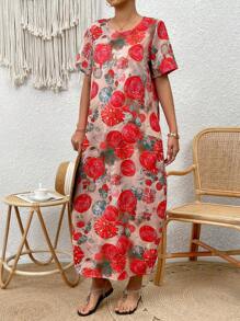 EMERY ROSE Vestido de cuello redondo con estampado floral vintage elegante francés; Vestido de cintura alta nuevo 2025 que disimula la gordura y rejuvenece; Vestido largo holgado con estampado floral; Vestido casual de estilo vacacional adelgazante; Vestido midi de corte evasé con cinturón, volantes y estampado floral para el verano; Vestido de estilo francés para vacaciones, nuevo vestido corto de manga corta holgado para el verano - Rojo - Ver 3