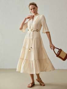 MOTF PREMIUM NOTCH NECK FLARE SLEEVE TIERED HEM DRESS,SUMMER OUTFITS - Apricot - View 6