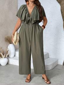 Breezaya Plus Size Women Green Ruffled Side Pocket Straight-Leg Jumpsuit