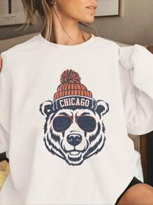 INAWLY 复古芝加哥足球圆领图案运动衫，时尚芝加哥足球迷礼物，芝加哥比赛日，女士圆领芝加哥印花图案套头衫 - 白色 - 查看 3