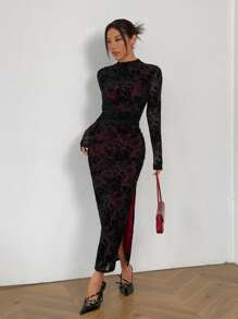 SHEIN EZwear Zwarte gevlokte mesh maxi bodycon jurk voor dames
