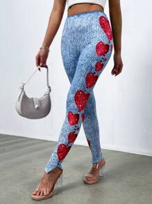 Zolique Women Heart Print Slim Fit Leggings Fall Cloth For Women - Blue - View 3