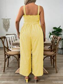 SHEIN Clasi Plus Size Women Vacation Style Plaid Spaghetti Strap Wide Leg Casual Jumpsuit - Yellow - View 2