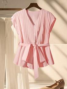 Franclia Áo cánh tay ngắn cổ chữ V xếp ly thanh lịch dành cho nữ, mùa xuân - Hồng - Xem 4