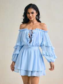 Mykaelle Rosa Damen Mini-Kleid mit tiefer Schulter, Langarm, blauem Chiffon, Rüschen-Lagen - Blau - Übersicht 8