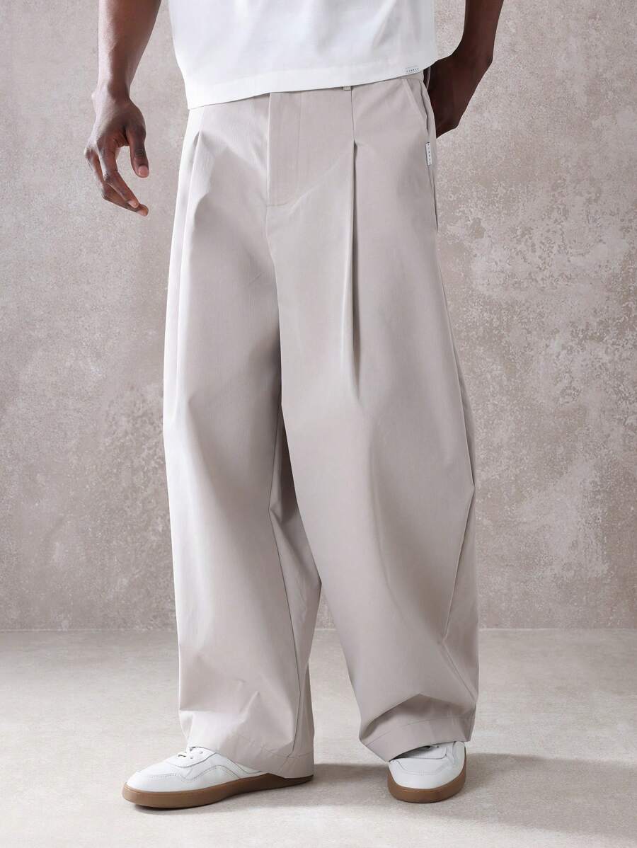 SUMWON 设计师款阔腿定制长裤夏季轻薄现代褶皱正装裤商务专业正式办公室工作服奢华 - 杏色 - 查看 1