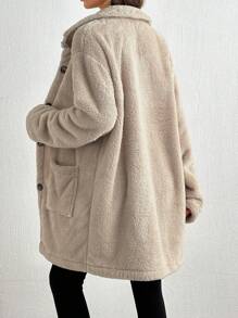 SHEIN Tall Främre ficka och knapp Detaljerad huva Mycket mysig och mjuk fuskpäls damkappa - Beige - Visa 2