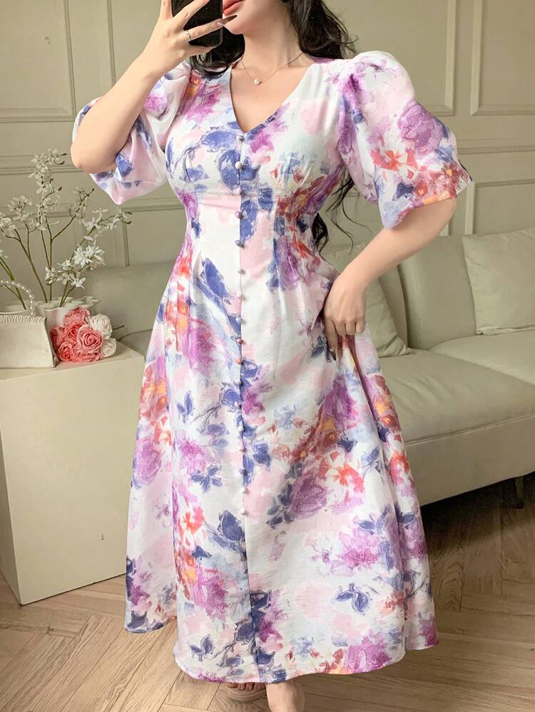 Women's Vacation Tie-Dye Printed Puff Sleeve Single-Breasted Midi Dress, Elegant Boho