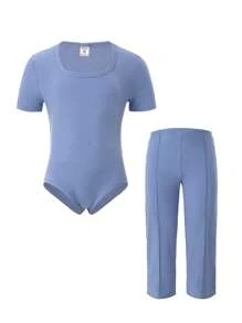 2pcs/Set Tween Girls Minimalist Solid Color Square Neck Short Sleeve Swimsuit Bottoms & Relaxed Pants Home Outfit - Blue - View 4