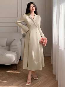 DAZY Satin Solid Color Business Casual Slim Fit Flare Sleeve Ruffle Trim Patchwork Mid-Length Dress For Women Elegant,Formal Women Dresses - Beige - View 5