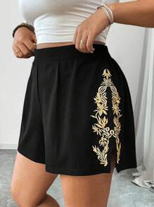 SHEIN Clasi Shorts Plus Size com Design Floral Bordado Lateral, Casual - Preto - Visão 4