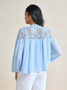 Mykaelle Rosa Áo cánh tay dài cổ giả màu xanh lam đơn giản cho công sở, ren xếp nếp màu trơn, chiffon xanh, công sở - Màu xanh lam - Xem 2