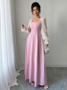 Modelyn Đầm bó eo họa tiết hoa 3D dệt chắp vá cho nữ - Hồng - Xem 3