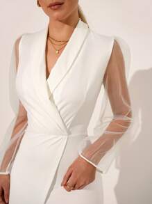 SHEIN Clasi 女士纯色高领拼接网眼长袖连体衣 - 白色 - 查看 8