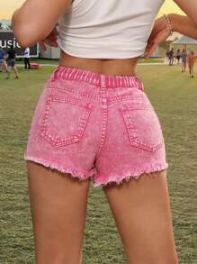 SHEIN PETITE Pantalones cortos vaqueros desgastados para mujer, pantalones cortos casuales ajustados, color rosa