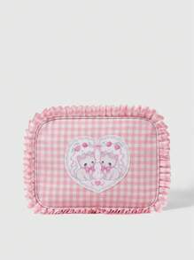 ROMWE Kawaii Women's Pink & White Plaid Lace Cherry Cat Pattern Bow Decor Cosmetic Pouch - Multicolor - View 1