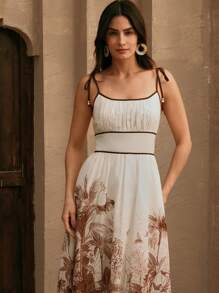Anewsta Elegante vestido de vacaciones con cintura alta, cordón y tirantes sin mangas con estampado floral, adecuado para primavera temprana, vacaciones y playa - Multicolor - Ver 4