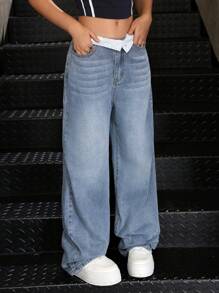 SHEIN Tween-Mädchen Lässige Distressed-Jeans aus Denim mit zweifarbigem Bund